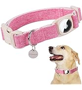 DOGWONG Airtag Cotton Hemp Dog Collar, Heavy-Duty Dog Collar with Airtag Holder Pink Dog Collar D...