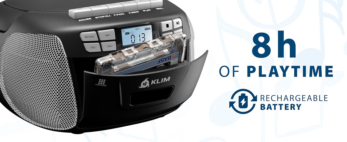 Text reads '8h OF PLAYTIME'. Additional views of the same black electronic device from Image 6, showing different angles and features.