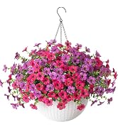 HyeFlora Artificial Fake Hanging Flowers Plants Basket for Outdoor Outside Decoration, Faux Silk ...
