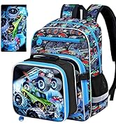 CCJPX 3Pcs Truck Backpack for Boys, Kids School Bookbags with Lunch Box, 16 Inch Kindergarten Pre...