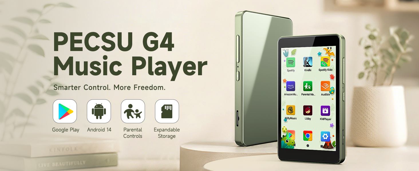 Sage green PECSU G4 music player used at home, while running, on a flight, and as a gift.