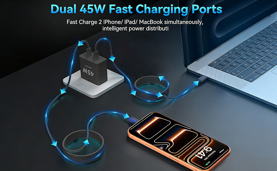 45W dual Type-C charger enables fast charging for device and features intelligent power distribution