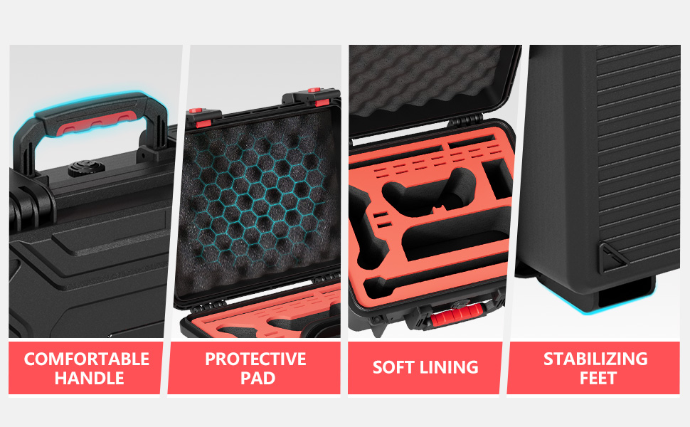 comfortable handle, protective pad, soft lining, stabilizing feet