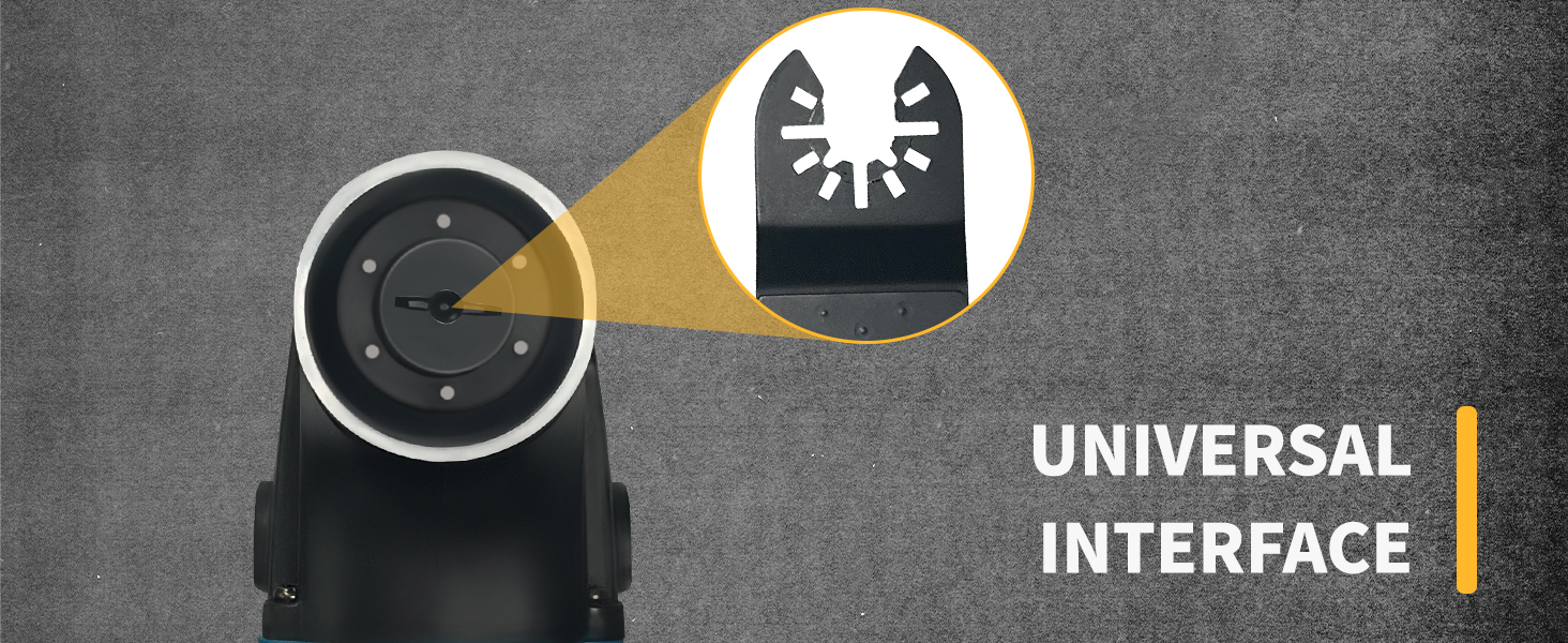 Black power tool attachment with circular base and protruding triangular blade. Close-up shows blade detail. Text reads 'UNIVERSAL INTERFACE'.