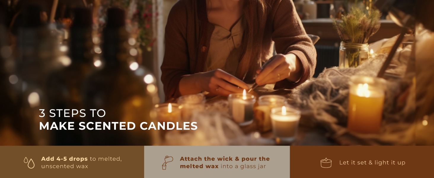 Three-step tutorial for making scented candles, showing hands working with materials and lit candles, with text overlay.