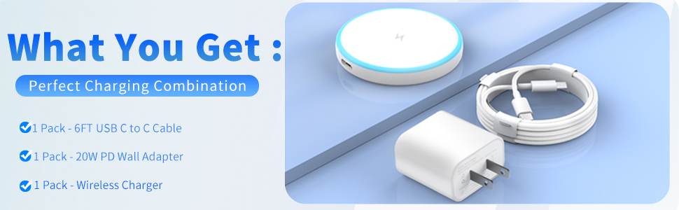 1Pack-6FT USB Cto c Cable 1 Pack -20W PD Wall Adapter 1 Pack -Wireless Charger