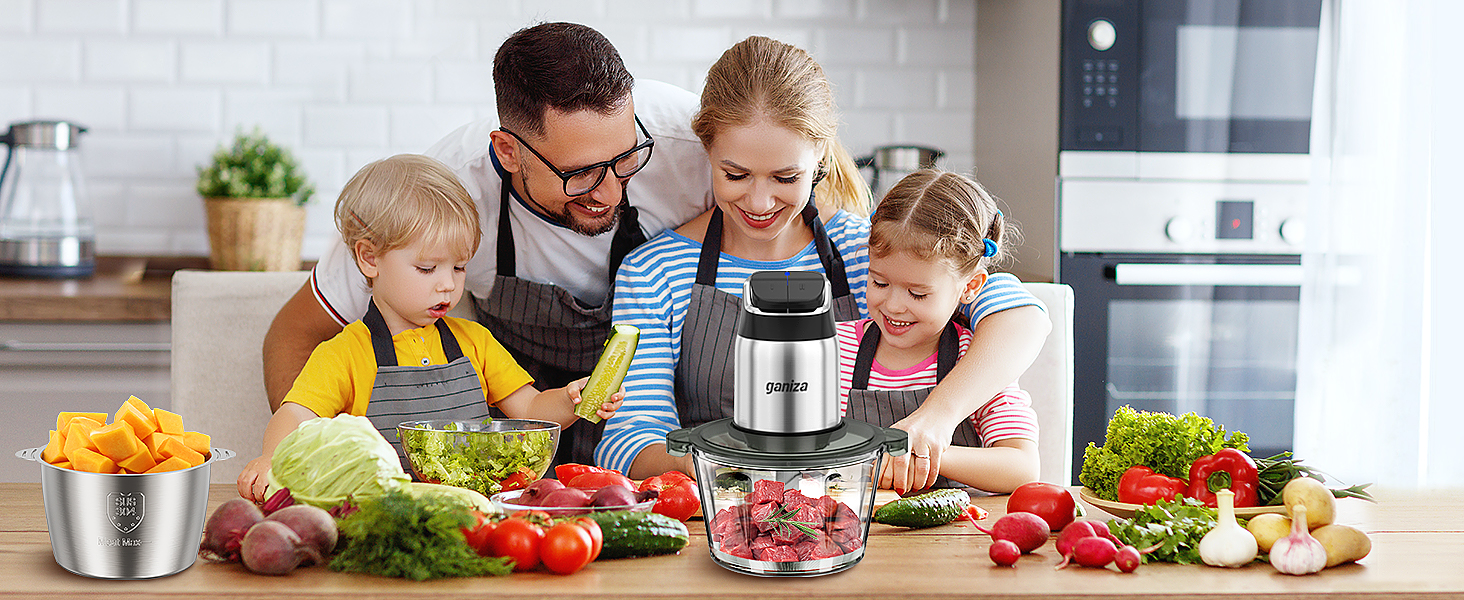 Meat Grinder Food Chopper with 8-Cup Stainless Steel &amp; Glass Bowls