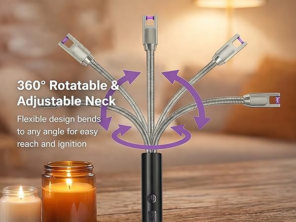 Full view of a long black electric candle lighter with a flexible metal neck bent into a curve.