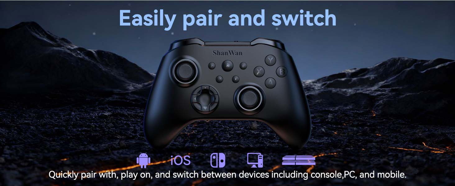 Text reads 'Easily pair and switch'. Xbox gaming controllers shown in black with interface elements demonstrating wireless connectivity and device pairing features.