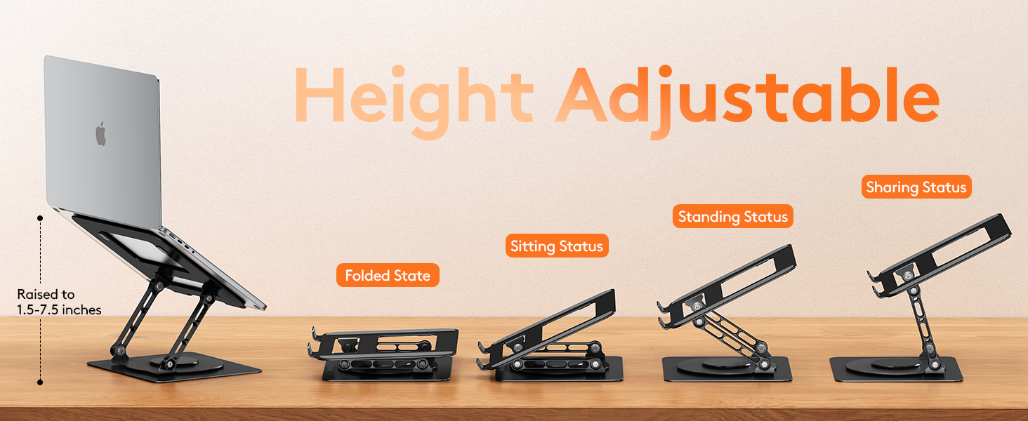 Text reads 'Height Adjustable'. Series of product images showing a laptop stand in different height positions and angles, demonstrating adjustable functionality on desk surface.