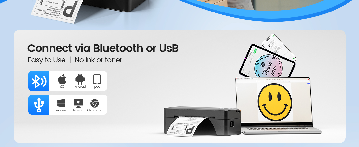 Text reads 'Connect via Bluetooth or USB'. Interface showing connectivity options with icons for Bluetooth, USB, and other device settings.