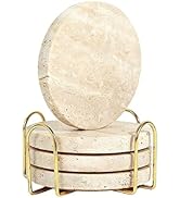 Beige Travertine Coasters Set of 4, Round Natural Travertine Stone Drink Coasters with Storage Ra...