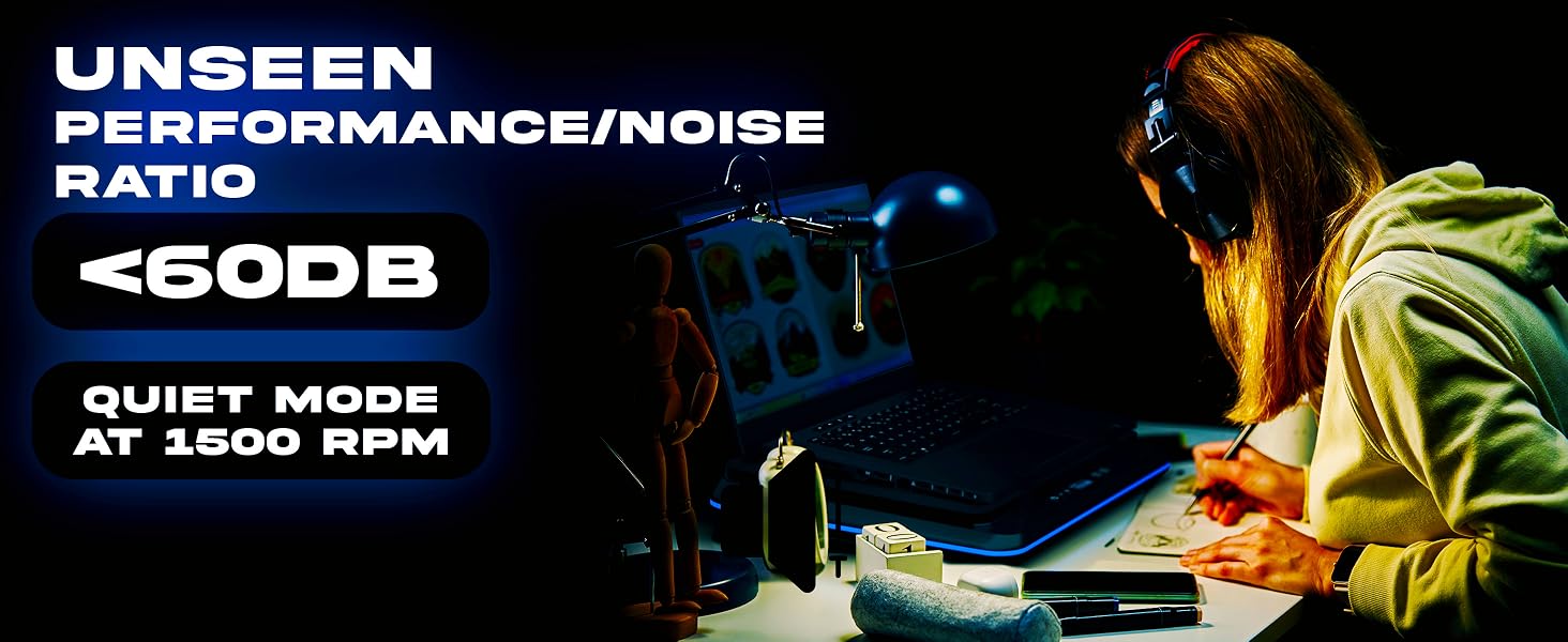 Text reads 'UNSEEN PERFORMANCE/NOISE RATIO <60DB QUIET MODE AT 1600 RPM'. Dark performance setting with illuminated equipment and operator.