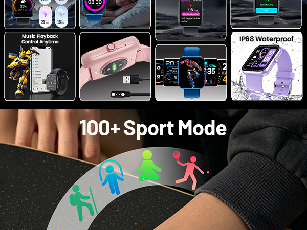 Text reads "100+ Sport Mode". Composite showing smartwatch with multiple sport tracking features, including display screen, wearable band, waterproof capabilities, fitness tracking interface with colorful activity indicators and sport icons.