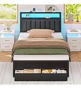 Furnulem Twin Bed Frames with Charging Station and LED Lights, Grey Upholstered Headboard with Sh...