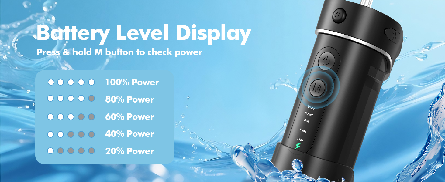 Text reads 'Battery Level Display'. Digital battery indicator showing multiple level markers against blue water-splash background.