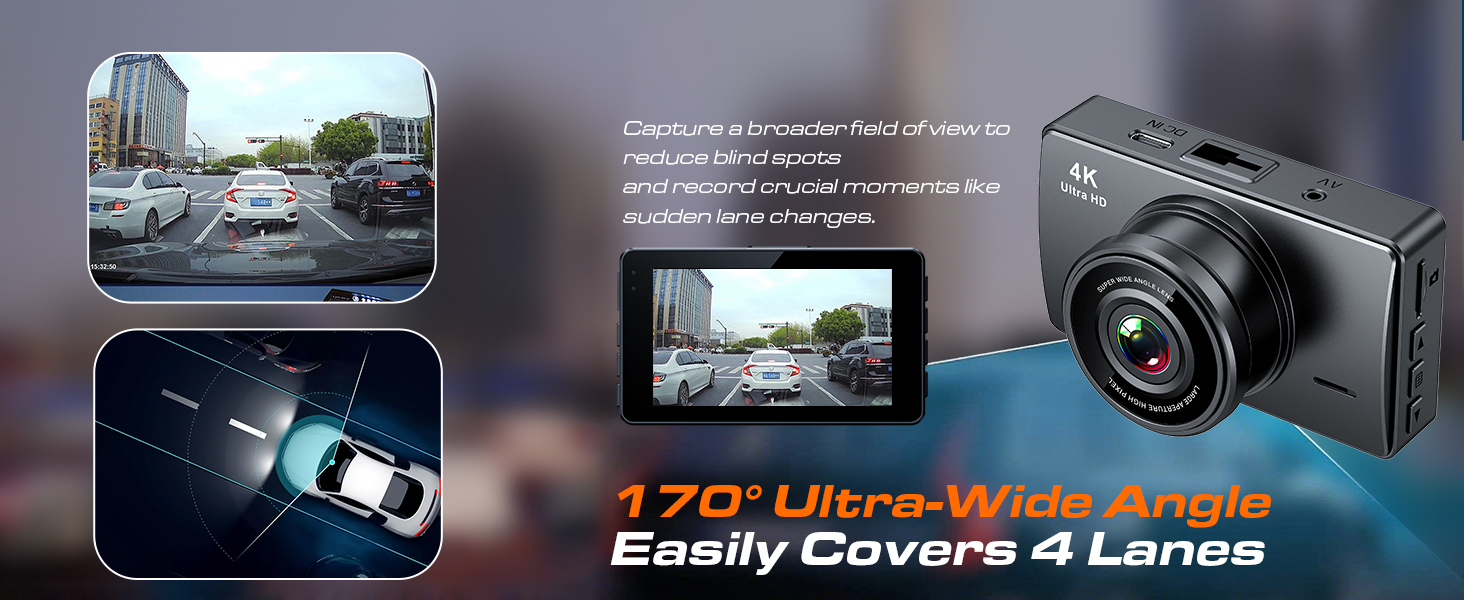 dash camear for cars with 170° ultra-wide angle, easily covers 4 lanes