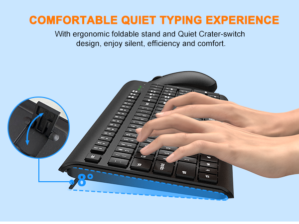 Wireless Keyboard and Mouse Combo, Full Size Silent Ergonomic Keyboard Mouse, Long Battery Life