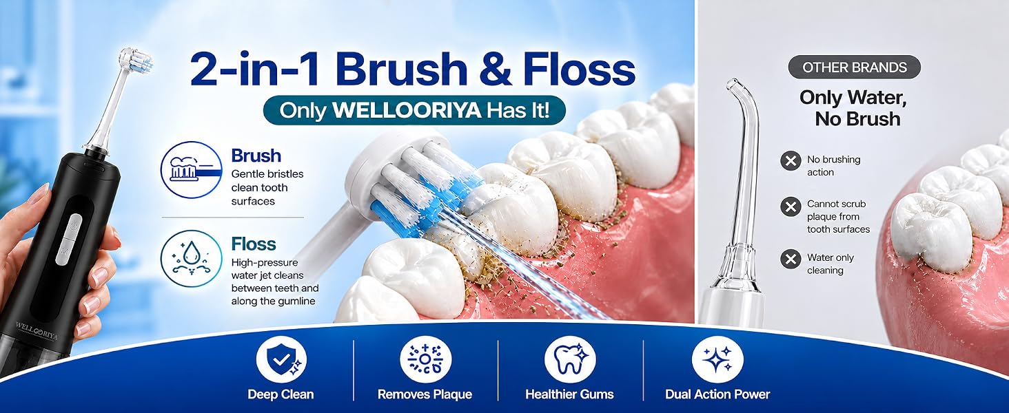 Wellooriya 2-in-1 brush and floss water flosser tip for cleaning teeth and gums