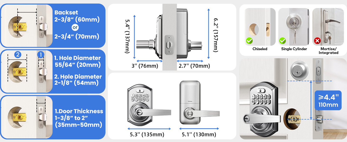 Fits doors 1-3/8?–2? thick, 2-3/8? or 2-3/4? backset, standard 2-1/8? bore holes