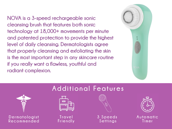 nova, dermatologist recommended, travel friendly, 3 speed settings, automatic timer