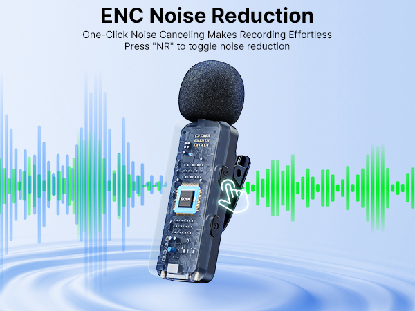 Digital audio device with noise reduction capability, featuring ENC technology, shown against a background with audio waveform visualization in blue and green.