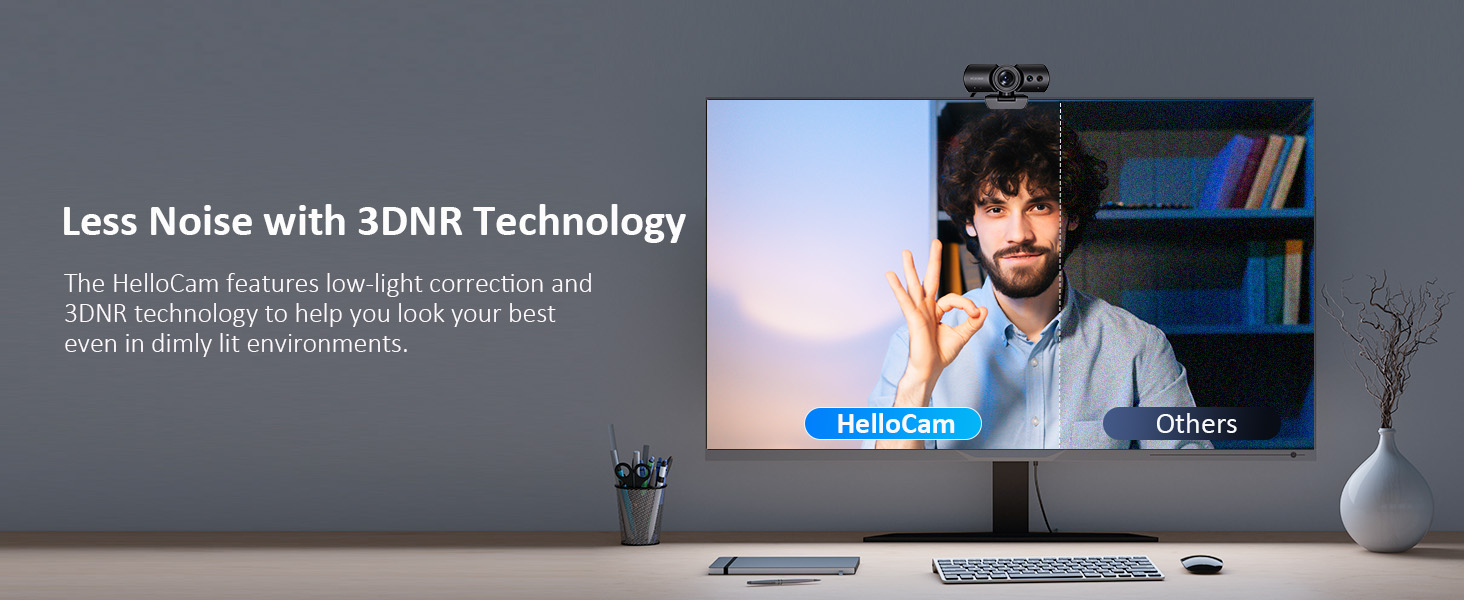 Using HelloCam video, automatic fill light and noise reduction