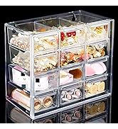 FODIENS Desk Storage Organizer with 12 Mini Drawers, Clear Desktop Craft Drawer Cabinet, Stackabl...