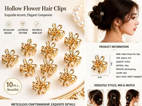 Gold Small Flower Hair Clips for Women