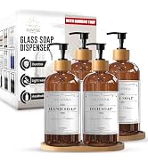 Sunrise Premium 16 OZ Thick Amber Glass Soap Dispenser, Bamboo Pump with Tray 4 Pack, Hand and Di...