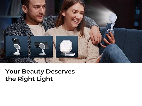 Text reads 'Your Beauty Deserves the Right Light'. Multiple panels showing people interacting with devices in dimly lit settings with accent lighting.