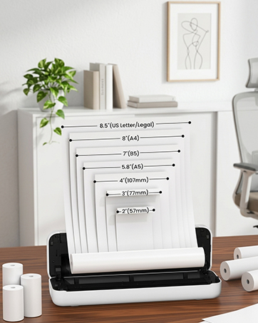 Text reads "3.5 Liter/Liter" with measurement markings below. Desktop organizer with white compartments featuring size measurements, potted plant, and storage containers on wooden desk.