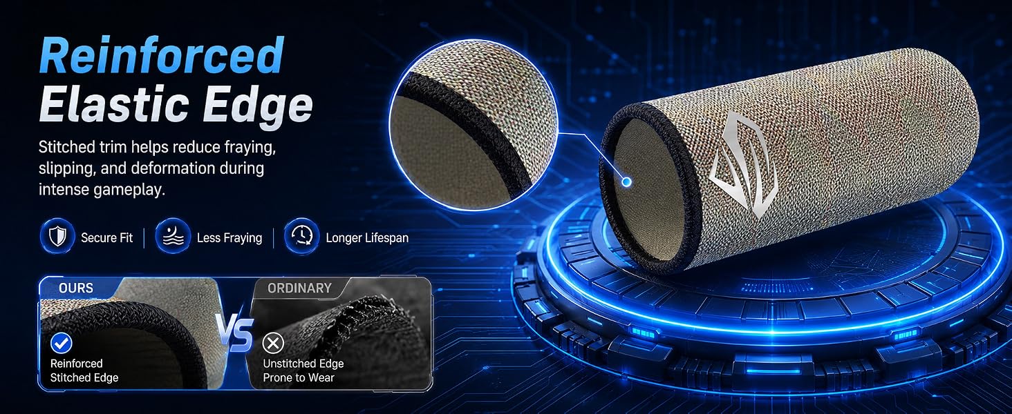 Reinforced elastic edge gaming finger sleeves for secure fit