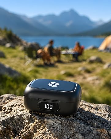 SONEVOX AirMic charging case with digital display for reliable outdoor content creation