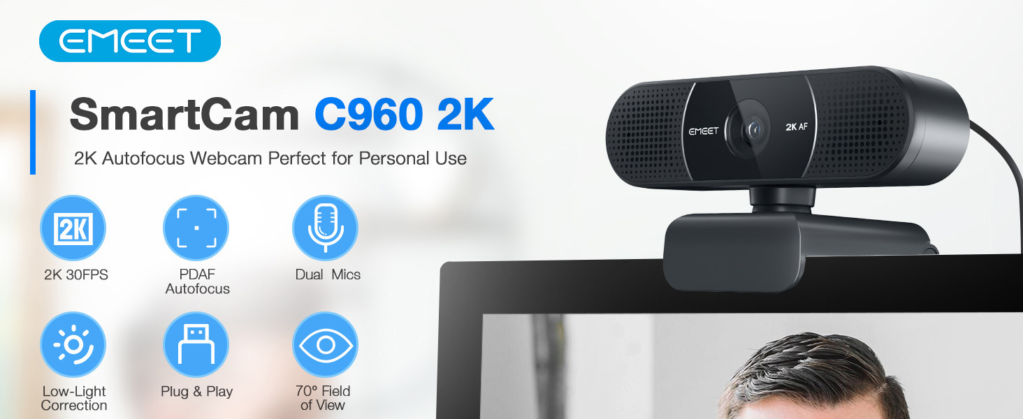 EMEET C960 2K Webcam with Microphone