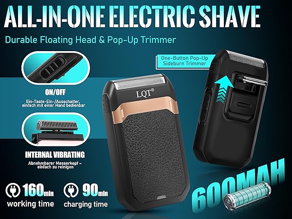 Text reads 'ALL-IN-ONE ELECTRIC SHAVE'. Product advertising image showing electric shaver with multiple attachments and blue lighting effects.