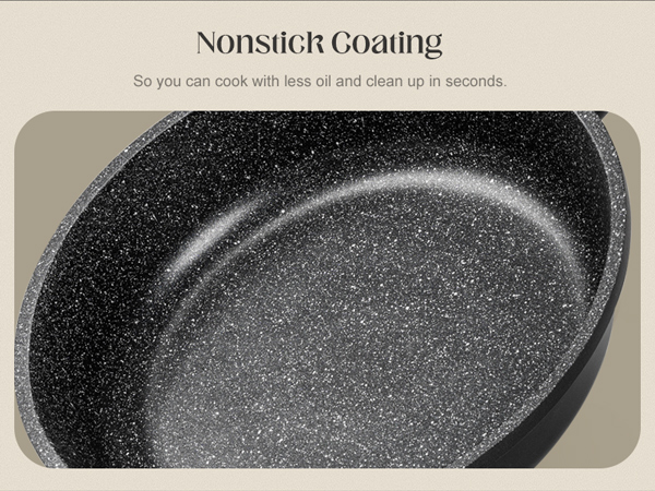 nonstick frying pan with silicone handle, ease of cleaning, works well on all cooktops, durable