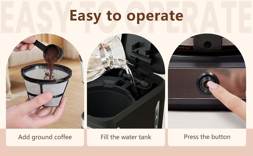 It&amp;#39;s easy to use: just add coffee grounds and water, then press the button to start brewing.
