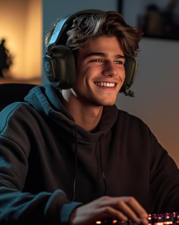 a young man wearing a headset playing a video game