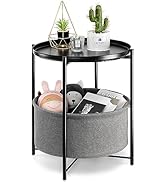 danpinera Round Side Table with Fabric Storage Basket, Metal Small Bedside Table Nightstand with ...
