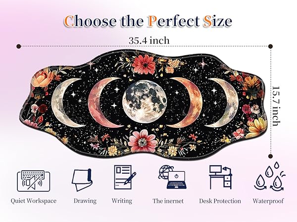 Two sizes of moon phase desk mats, 35.4x15.7 and 31.5x11.8 inches, for home, gaming, and work use.