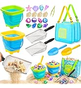 DISHIO Beach Toys for Kids, 25 Pcs Metal Sand Sifter &amp; Collapsible Beach Buckets Set, Stainless S...