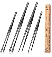 4 Pcs Fine Long Tweezer Tongs Professional Black, 12'' and 10'' Stainless Steel for Kitchen, Food...