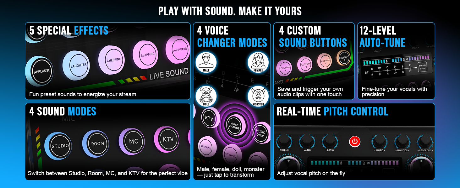 Packed with fun audio effects, sound modes, and customizable controls — all at your fingertips