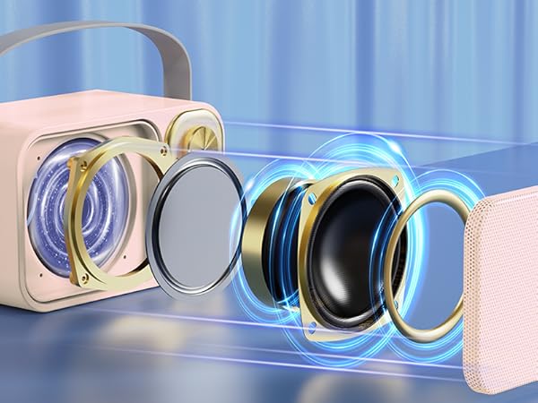 Exploded view of a pink portable speaker, showing internal components including speakers and circuitry against a blue background.