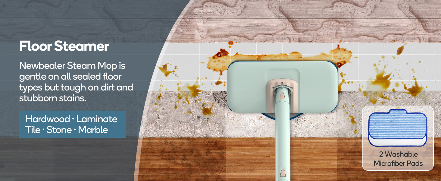 Floor steamer device with washable microfiber pad shown cleaning hardwood and laminate flooring, with steam action visible against different floor surfaces.