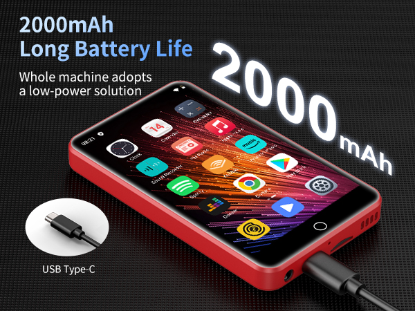 Smartphone advertisement showing 2000mAh battery capacity, red device frame, colorful app icons, and USB Type-C charging port.