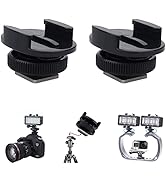Two black camera hot shoe adapters with circular bases and slotted tops. Below, example uses shown: mounted on DSLR, tripod, and dual LED light setup for action camera.