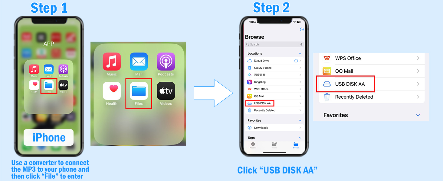 The OTG cable transfers songs from the phone to the mini music player