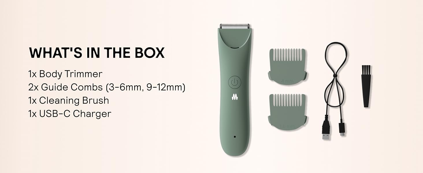 Text reads 'WHAT'S IN THE BOX: 1x Body Trimmer, 2x Guide Combs (3-6mm, 9-12mm), 1x USB-C Charger'. Green body trimmer device shown with attachments and charging cable.